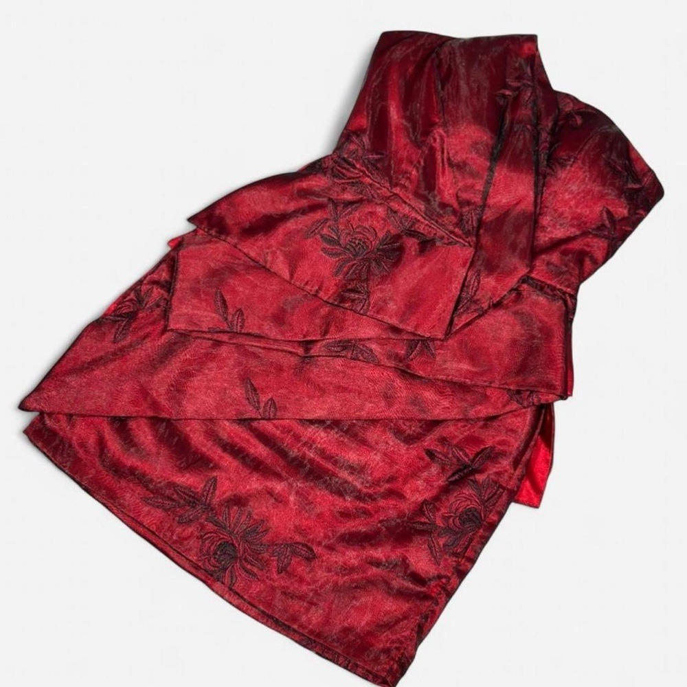 Vintage Bebe Y2K Mini Dress, Sapphire Red, Tule Overlay, Floral Embroidery